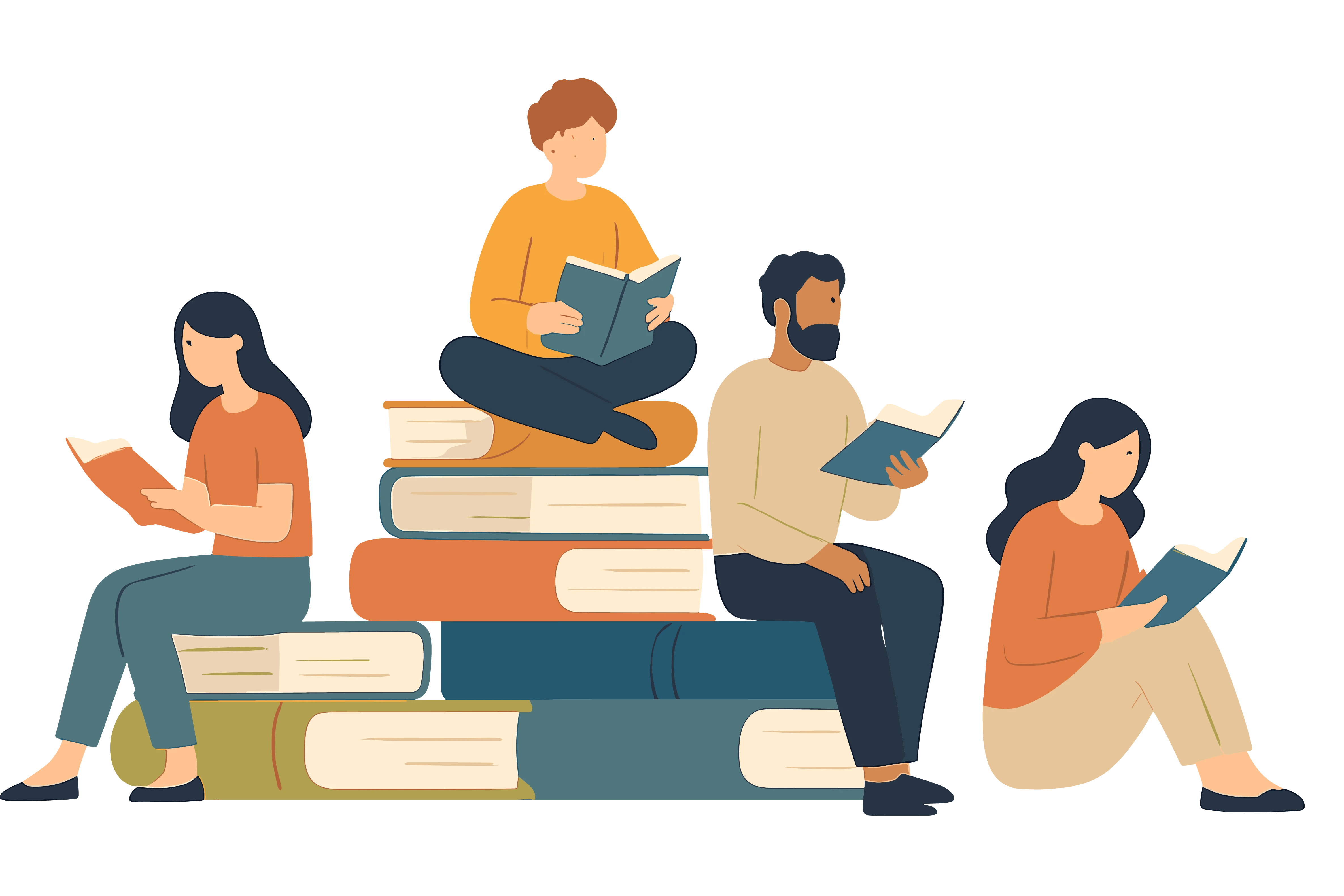 People reading on a stack of books