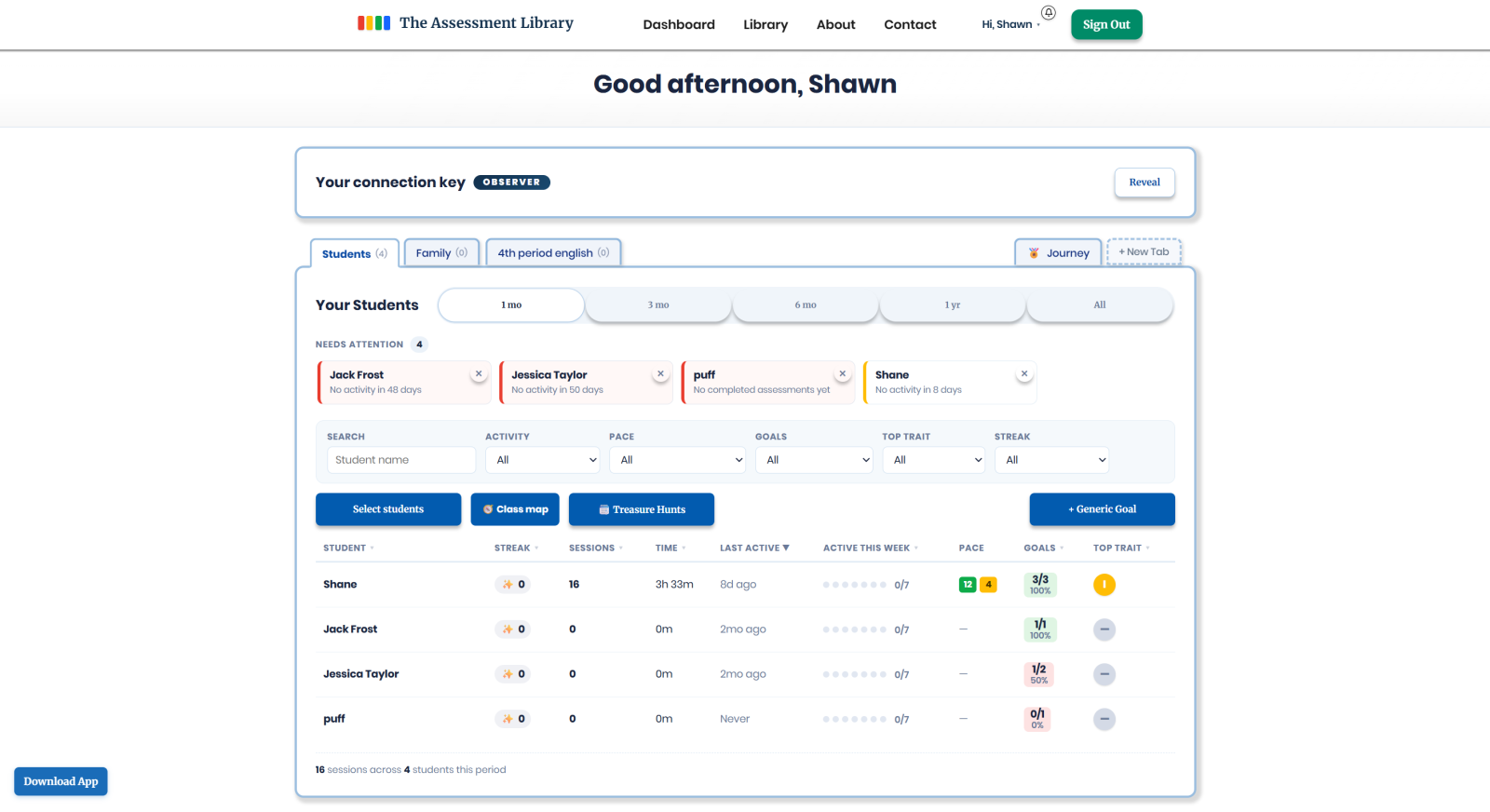 The educator dashboard showing a class of students, each with their streak, sessions, time, pace, goals, and top DISC trait, plus a 'Needs Attention' row.