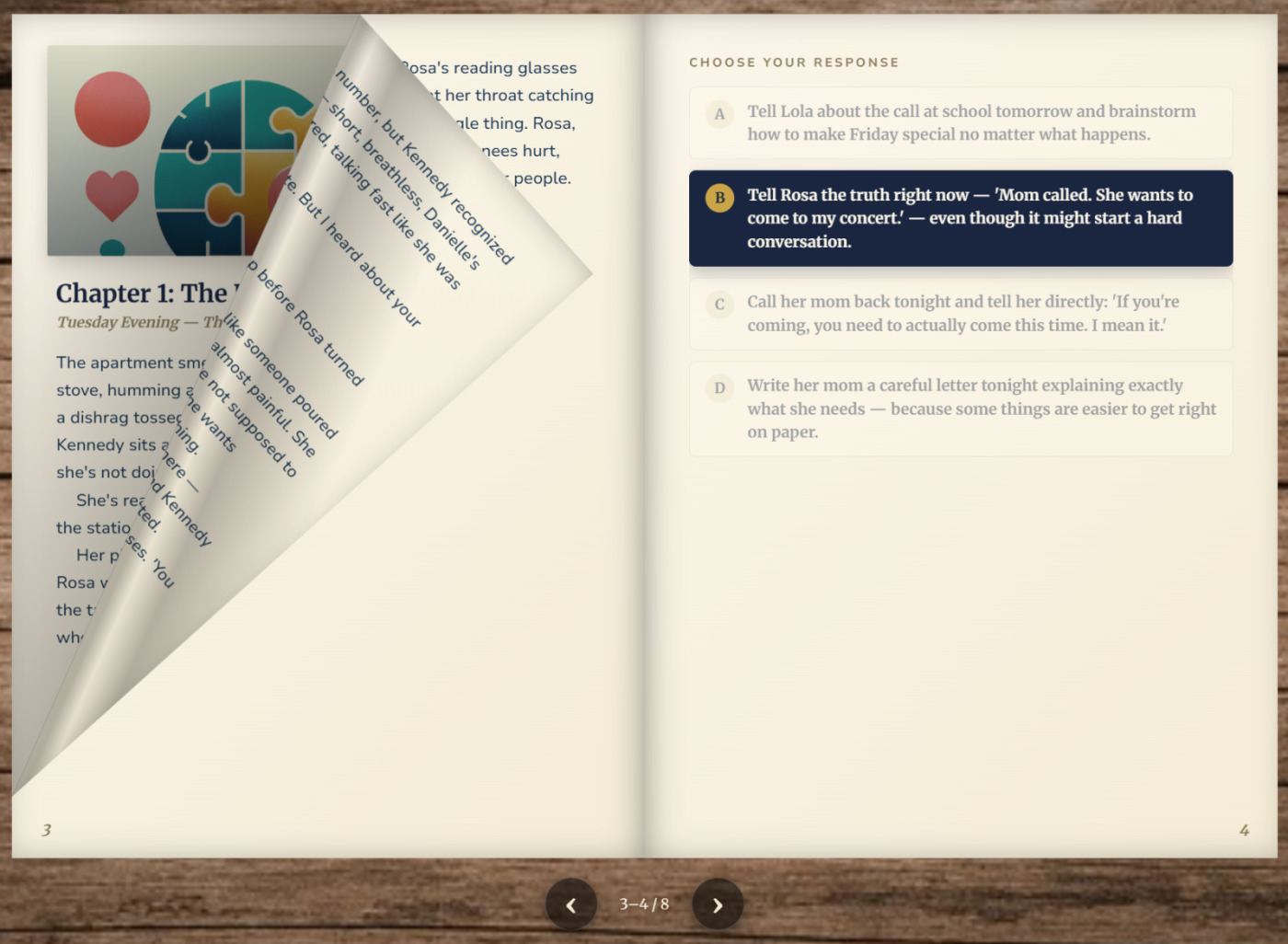 A story-based assessment mid page-turn, showing a story chapter and four “Choose Your Response” options — you reveal your personality by making choices, not rating yourself.