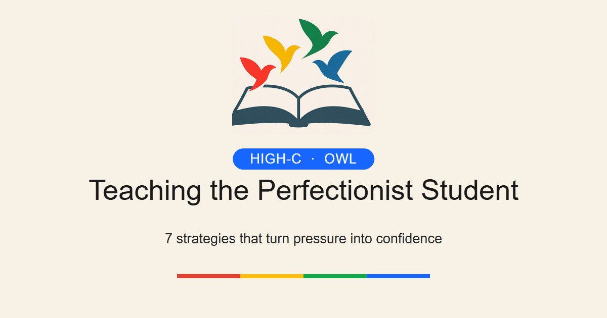 The four DISC-colored birds rising from an open book above the title 'Teaching the Perfectionist Student — 7 strategies that turn pressure into confidence.'