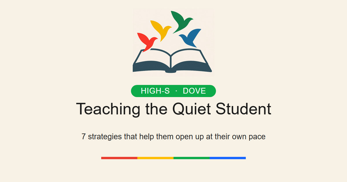 The four DISC-colored birds rising from an open book above the title 'Teaching the Quiet Student — 7 strategies that help them open up at their own pace.'