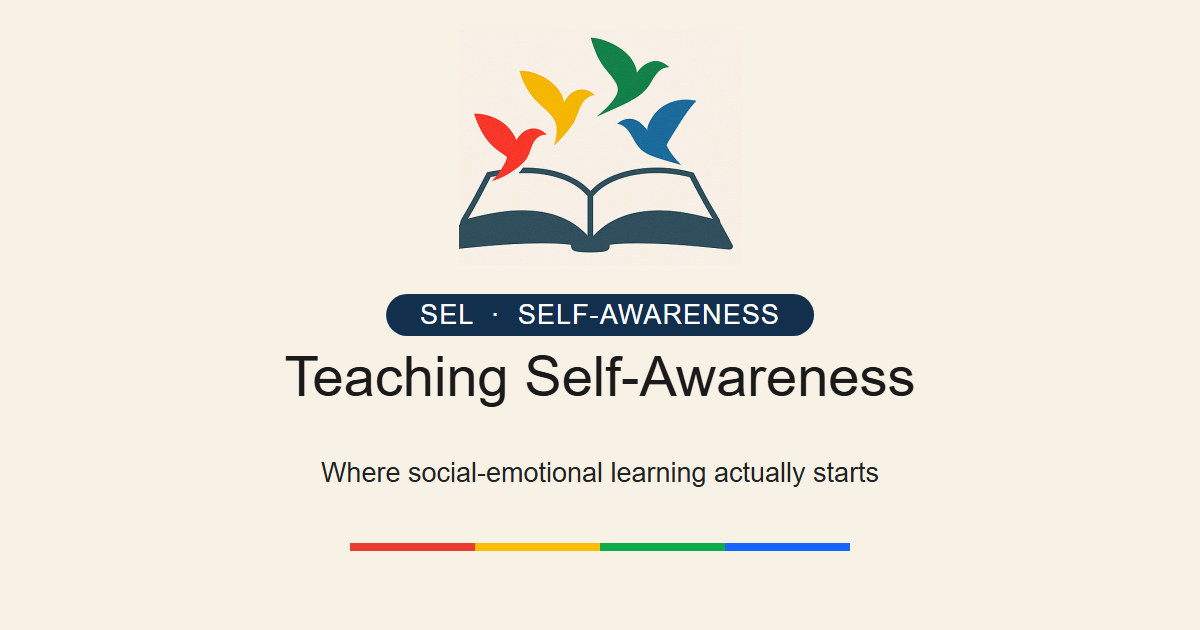 The four DISC-colored birds rising from an open book above the title 'Teaching Self-Awareness — where social-emotional learning actually starts.'