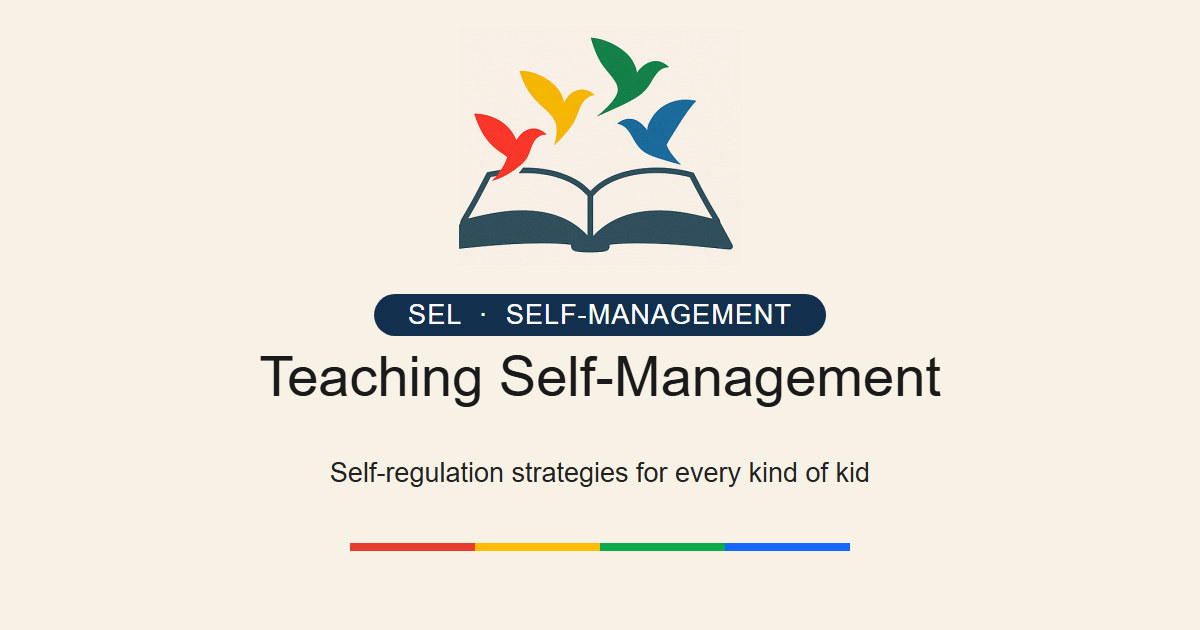 The four DISC-colored birds rising from an open book above the title 'Teaching Self-Management — self-regulation strategies for every kind of kid.'