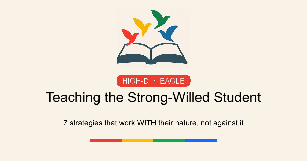 The four DISC-colored birds rising from an open book above the title 'Teaching the Strong-Willed Student — 7 strategies that work with their nature, not against it.'
