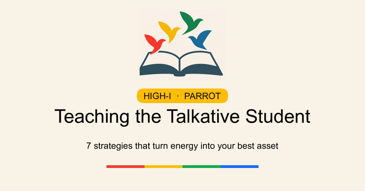 The four DISC-colored birds rising from an open book above the title 'Teaching the Talkative Student — 7 strategies that turn energy into your best asset.'