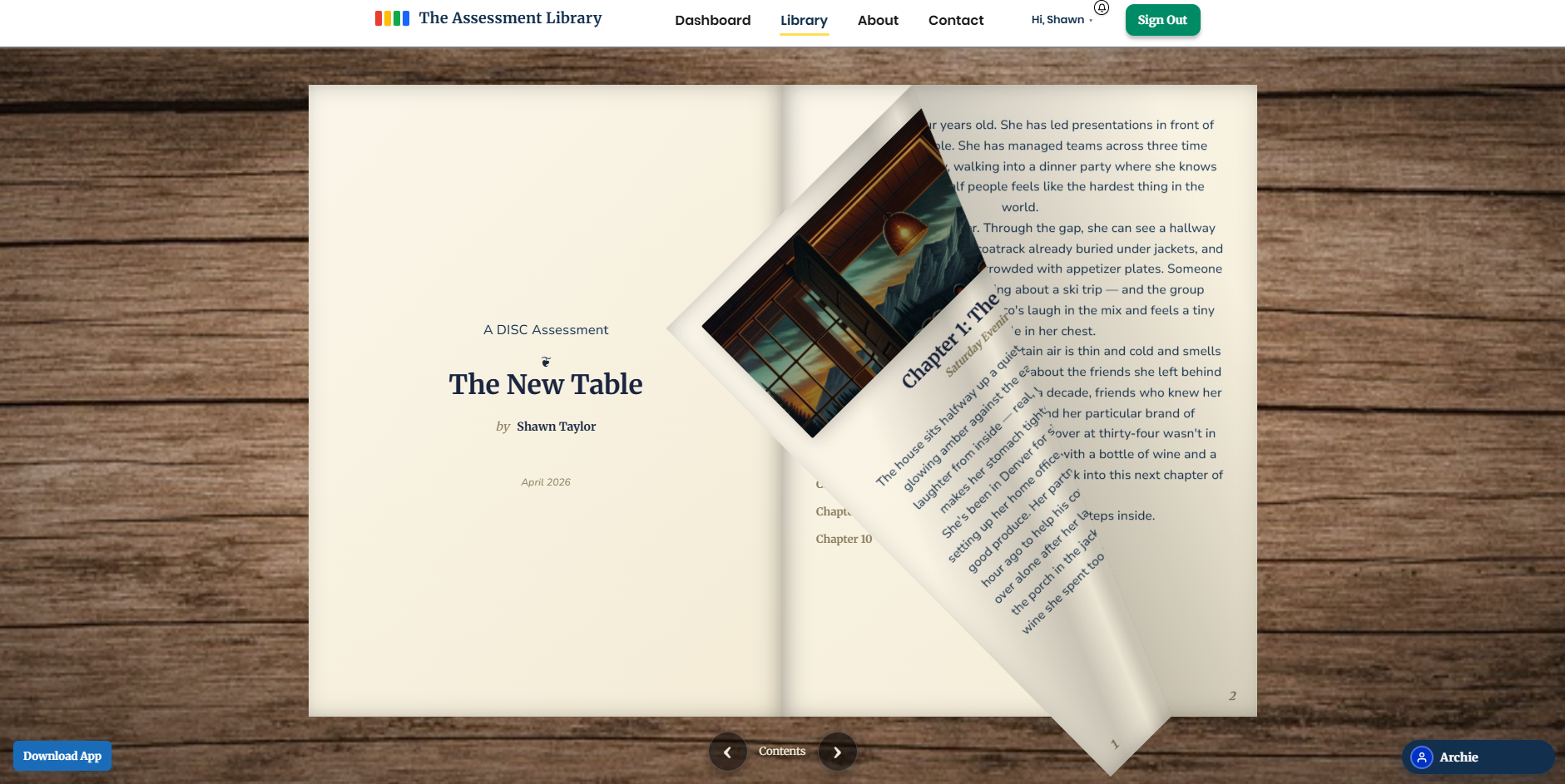 An open story-based assessment book with a page mid-turn, showing a chapter of the DISC assessment 'The New Table' with a chapter illustration.